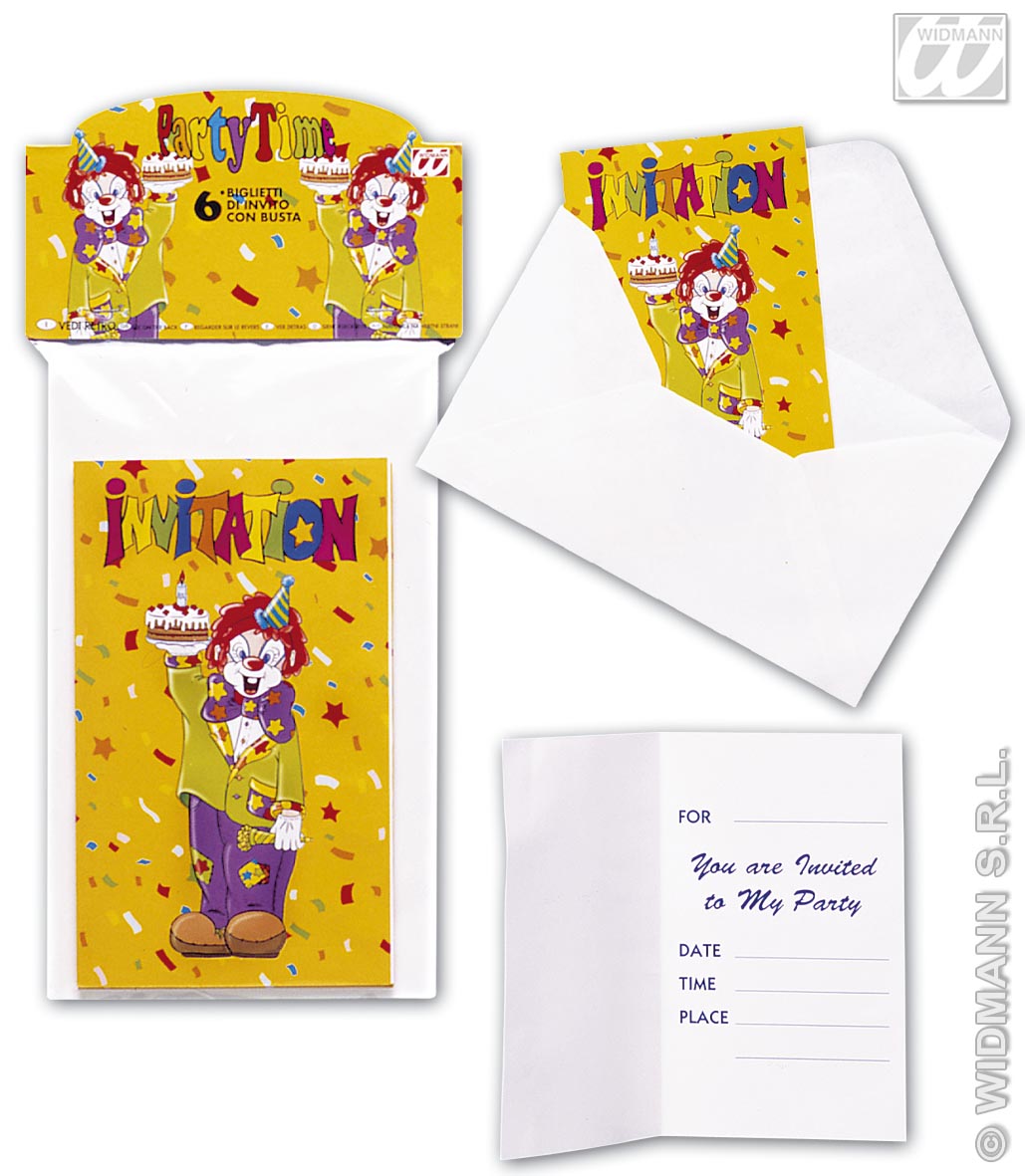 6 Uitnodigingen Clown Met Envelop