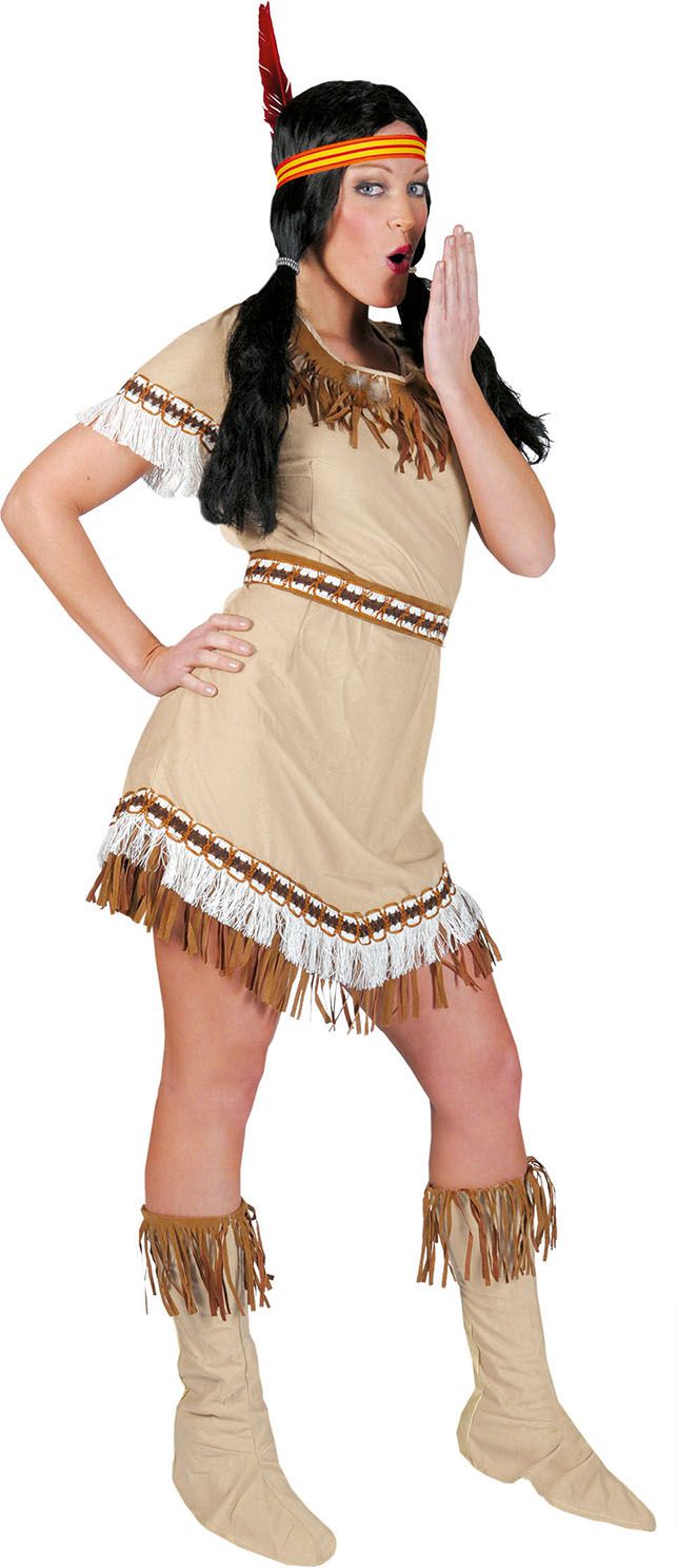 Beige Korte Sexy Indiaan Jurk Sioux Sunrise Vrouw