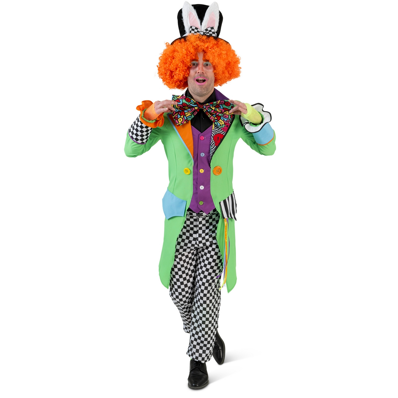 Kleurige Mad Hatter Clown Jas Met Strik Man Kostuum