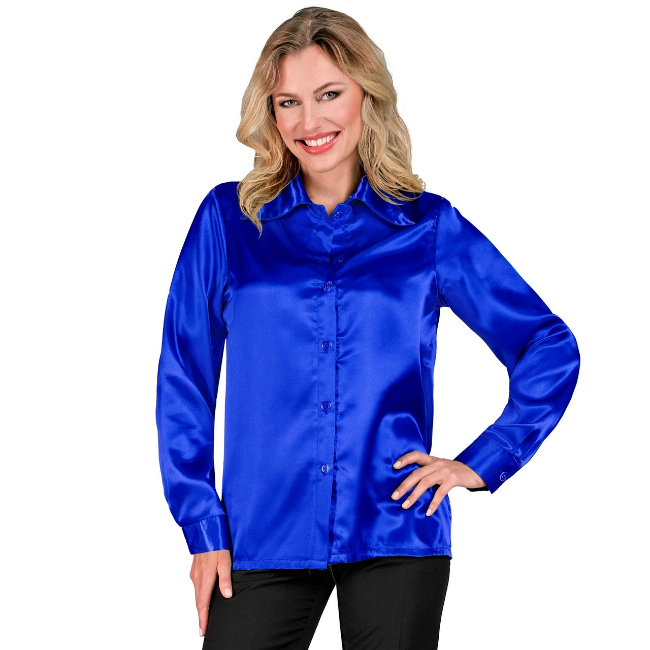 Jaren 70 Blouse Satijn Blauw Vrouw