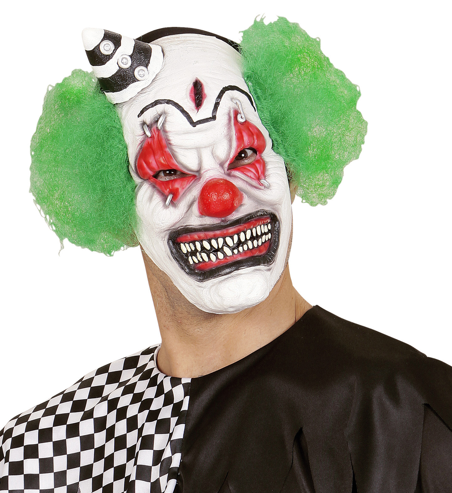 Gruwelijk Halfgezichtmasker Killerclown Met Haar En Minihoed