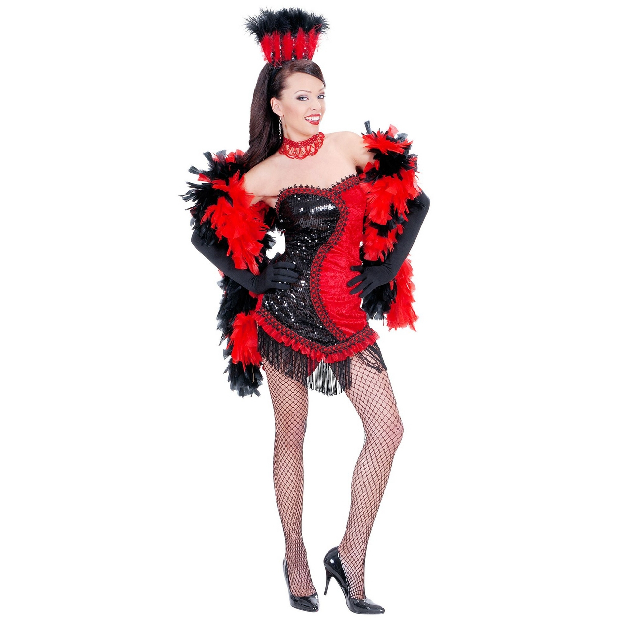 Las Vegas Showgirl Zwart / Rood Chorous Line Kostuum Vrouw