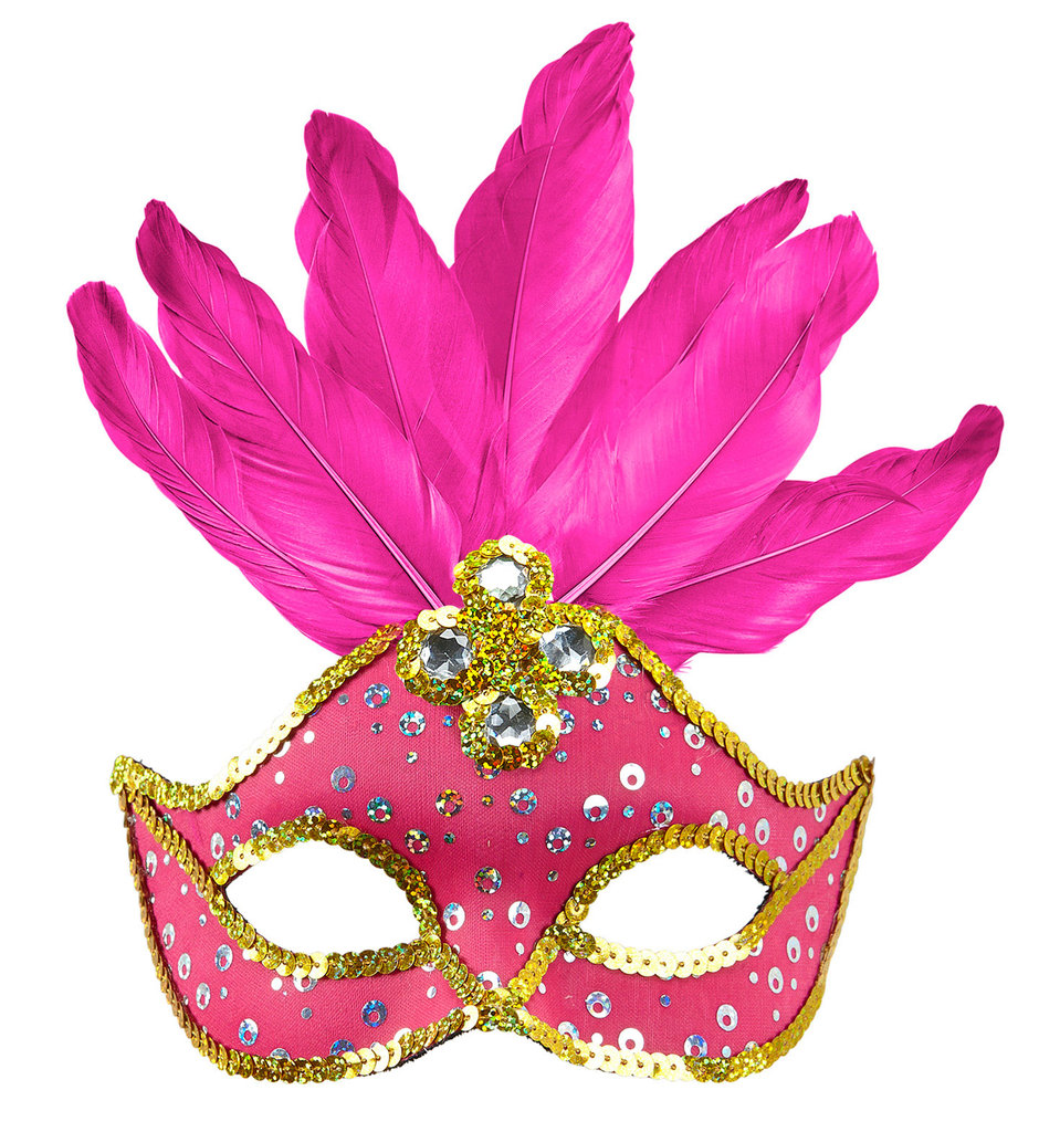 Samba Oogmasker Brazilie Met Veren En Parels, Neon Roze